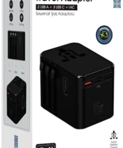 45W Şarj Cihazı ve 2x USB ve 3x TYPE-C Girişli Universal Seyahat Adaptörü, Priz Dönüştürücü 200'den Fazla Ülke ile Uyumlu, ABD, İngiltere, AUS, AB