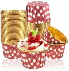 Hediye Sepeti 25'li Kırmızı Gold Ekoseli Kırmızı Pötikare Muffin Kek Kalıbı, Kek Kapsülü Cupcake Kalıbı, Airfryer Uyumlu