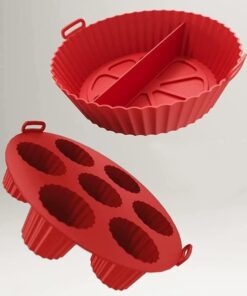 Airfryer Ustası 2'li Pişirme Seti, Silikon Airfryer Pişirme Kağıdı, Bpa içermez, Yapışmaz Kolay Temizlenir Muffin Cupcake VE iki bölmeli Silikon Pişirme Kabı (KIRMIZI)