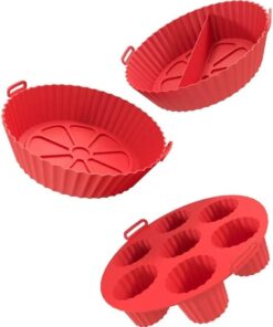 Airfryer Ustası 3'lü Pişirme Seti, Silikon Airfryer Pişirme Kağıdı, Bpa içermez, Yapışmaz Kolay Temizlenir Muffin Cupcake, iki bölmeli Silikon Pişirme Kabı (KIRMIZI)