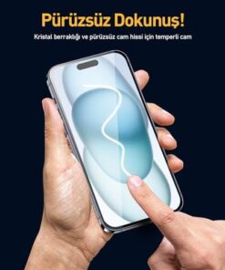 iPhone 15 5D EasyFit 2 Adet Kolay Uygulama Aparatlı Ekran Koruyucu Temperli Cam