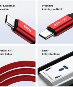 USB C'den USB C'ye 60W, 2.4A, 1m, PD 2.0, Çift Kat Örgülü Hızlı Şarj ve Data Kablosu (Kırmızı, 1 metre)