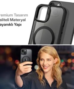 iphone 13 için Mattmag Serisi Magsafe ile Uyumlu Wireless Kablosuz Şarj Destekli Arkası Mat Silikon Kılıf Yükseltilmiş Lens Çerçeveli ve Metal Tuş Takımlı Ultra Güçlü Koruma Kılıf (Siyah, 13)