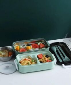 Village Concept Lunch Box, 1400 ml 3 katlı beslenme kutusu, çatal bıçak takımı, yemek kutusu, yemek kutusu, bulaşık makinesinde yıkanabilir, mikrodalga fırına dayanıklı, iş ve okul için, beslenme kutusu (Yeşil)
