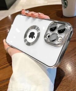 AKSESUAR iphone 13 Pro (6.1) inç Laser Silikon Arkası Şeffaf Kamera Korumalı Logo Detaylı Luxury Kılıf- iphone 13 Pro Laser Silicone Back Transparent Camera Protected Logo Detail Luxury case (Gümüş Rengi)