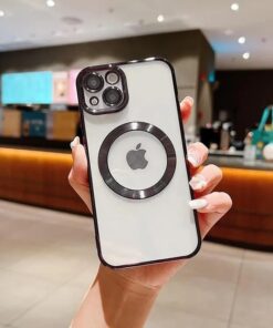 AKSESUAR iphone 14 (6.1) inç Laser Silikon Arkası Şeffaf Kamera Korumalı Logo Detaylı Luxury Kılıf- iphone 14 Laser Silicone Back Transparent Camera Protected Logo Detail Luxury case (Siyah)