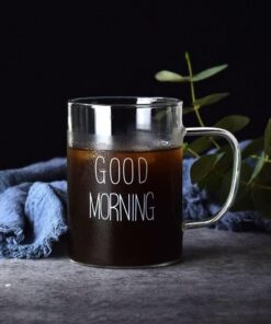 Adet Cam Kupa Kulplu Bardak Büyük Boy Good Morning Borosilikat Isıya Dayanıklı Cam Kupa 450 ml