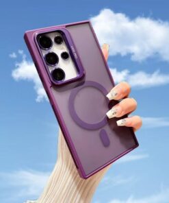Samsung Galaxy S24 Kılıf Krom Mika Kamera Lens Hediyeli Kapak Arkası Mat Mıknatıs Şarjlı Kılıf Metal Standlı Kamera Korumalı s24 lens (Mor)