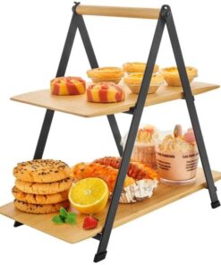 2 Katlı Dikdörtgen Bambu Servis Sunum Seti Büyük Boy, Kuru Pasta, Kurabiye ve Kek Sunumları İçin Büyük Boy (34cm-26.5cm-16cm)
