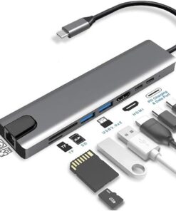 Pro Air İçin USB Type-C Hub Dönüştürücü 8 in 1 Çoklayıcı - HDMI, 2 Adet USB 3.0, 2 Adet USB C, SD/MicroSD, Ethernet - Çevirici 8li Port USB C Adaptör Bağlantı Noktası Ara Kablo
