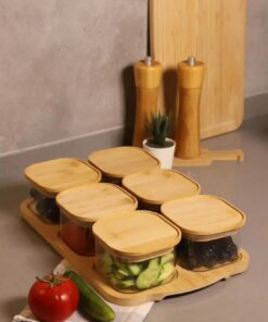 Kare Cam 6’lı Kahvaltılık Set – Bambu Kapaklı, Bambu Tepsili, Doğal Ahşap Sunum Tepsisiyle, Hava Geçirmez Vakumlu Kapaklı, Şık ve Sağlıklı Cam Kahvaltı Takımı (6 Lı Kare)