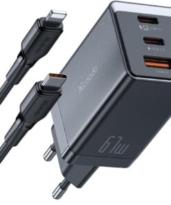 Ch-1544 67W Gan 5 Pro 2 Type-C 1 Usb-A Girişli Hızlı Şarj Aleti -Type-C To Lıghtning Kablolu, Siyah