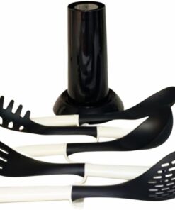 HİGH-TECH Azra Servis Seti, 110 Dereceye Kadar Isıya Dayanıklı, Spatula/Kepçe/Kevgir/Servis Kaşığı/Spagetti Kepçesi, Stand Hediyeli Servis Seti, Beyaz Silikon Saplı