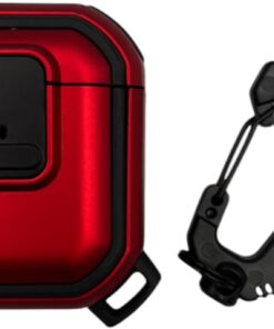 Airpods 1/2 Nesil ile Uyumlu Dayanıklı Koruyucu Tank Kılıf – Şok Emici, Karabina Klipsli, Spor Outdoor Tarzı, Tam Koruma (Kırmızı)