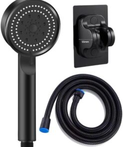 5 Fonksiyonlu Yüksek Basınçlı Duş Başlığı Yapışkanlı Mafsal Hortum Duş Seti, Siyah, 150 cm (Black)