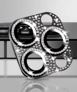 iPhone 12 Pro Uyumlu 9H Metal Elmas Desenli Taşlı Tek Parça Kamera Lens Koruyucu (Siyah)