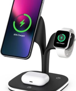 1 Arada 15W Kablosuz Hızlı Şarj Standı Gece Aydınlatmalı iPhone ile Uyumlu-Watch ile Uyumlu-Airpods ile Uyumlu (Siyah Hızlı Şarj)