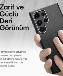 Samsung Galaxy S24 Ultra için Leth Shield Serisi Parmak İzi Tutmayan Deri Görünümlü Metal Tuşlu ve Metal Lens Çerçeveli Silikon Kılıf (Siyah, Galaxy S24 Ultra)