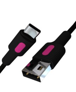 Coral USB A-C Hızlı Şarj Kablosu, Siyah Kablo, Fuşya/Siyah Uçlar (150 CM)