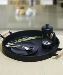 Kulplu Metal Tepsi Siyah 37cm Country Tarzı Tepsi