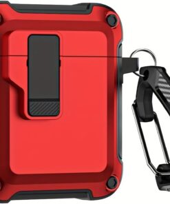 Airpods 1/2 Nesil ile Uyumlu Dayanıklı Koruyucu Tank Kılıf – Şok Emici, Karabina Klipsli, Keskin Tasarım (Kırmızı)