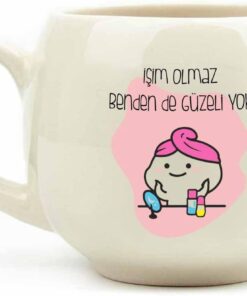 TASARIM İşim Olmaz Benden De Güzeli Yok Krem Parlak Balon Kupa (Yeşil Kulp) - Hediye Seramik Kupa