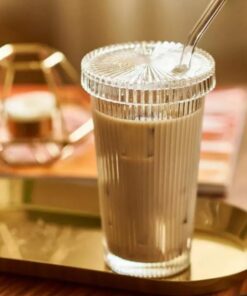 Kapaklı Pipetli Borosilikat Sunum Bardağı, Isıya Dayanıklı Bardak, Kahve Bardağı (400 ml) Latte