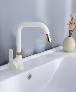 Mat Beyaz Gold Lavabo Bataryası Pirinç 360 Derece Oynar Perlatörlü Siera
