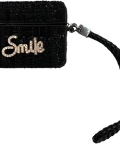 Airpods Pro/Pro 2 ile Uyumlu Kumaş Dokulu Taş Detaylı Askılı Kılıf – "Smile", "Goodluck" ve Ayıcık Figürlü Şık Tasarımlar (Smile Siyah)