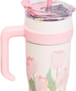 Diller 1200ml Pembe Lale Desenli Tumbler Pipetli/Pipetsiz Kulplu Paslanmaz Çelik Termos