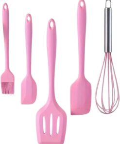 Parça Silikon Mutfak Seti, Isıya Dayanıklı, Yapışmaz, Pembe, Çırpıcı ve Spatula Takımı