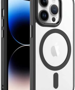 iPhone 14 Pro ile Uyumlu Hibrit Kristal MagSafe Kılıf, Ultra Berrak, Lens Çerçevesi ve Tuşları Metal Manyetik Kılıf (Siyah)