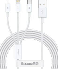 Superior, Şarj & Data Aktarım Kablosu, Beyaz, 1.5 m, 3.5 A,Micro USB & Lightning & USB Type C, Hızlı Şarj