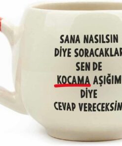 TASARIM Kocama Aşığım Diye Cevap Vereceksin Krem Parlak Balon Kupa (Kırmızı Kulp) - Hediye Seramik Kupa
