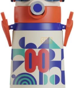 500ml Robot Temalı Pipetli Askılı Çelik Termos Çocuk Matarası (Beyaz)