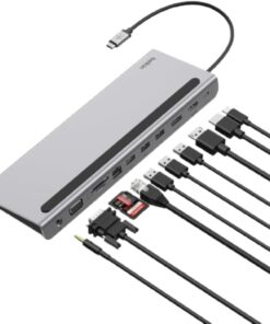 USB-C Hub, 11'i 1 arada Çoklu Bağlantı Noktalı Adaptör Yuvası, 4K HDMI, DisplayPort, VGA, USB-C ve 100W, Bağlı Cihazdan Şarj Etmek İçin, 3x USB A, Gigabit Ethernet, SD, MicroSD, 3,5 mm Jak