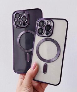 aks iphone 14 pro için kablosuz şarj ile uyumlu, kamera lens korumalı lazer kılıf mor