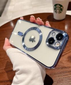 AKSESUAR İphone 14 (6.1) inç Uyumlu Laser Silikon Arka Kısmı Şeffaf Kablosuz Şarj Destek Özellikli Kamera Korumalı Kılıf (Mavi)