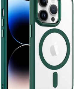 iPhone 14 ile Uyumlu Hibrit Kristal MagSafe Kılıf, Ultra Berrak, Lens Çerçevesi ve Tuşları Metal Manyetik Kılıf (Yeşil)