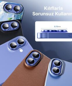 iPhone 16 ve 16 Plus ile Uyumlu Alüminyum Alaşım Çerçeveli ve 9H Sertliğinde Temperli Camlı Lens Koruyucu (Mavi, Sapphire Glass)