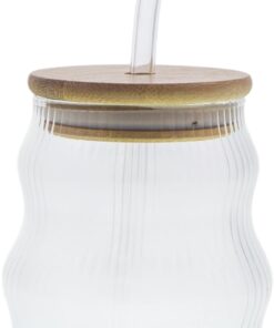 500ml Bambu Kapaklı Cam Bardak, Cam Pipetli Silikon Kapak Contalı İnce Çizgi Desenli Sıcak Soğuk İçecekler için Kahve Meyve Suları ve Çayları için Ergonomik Şık Tasarım