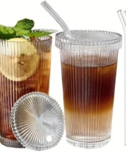 Adet Kapaklı Pipetli Cam Bardak, Çizgili Desenli Fenomen Bardak, Meyve Suyu, Meşrubat, Kokteyl, Sütlü Kahve Bardağı 380 ml