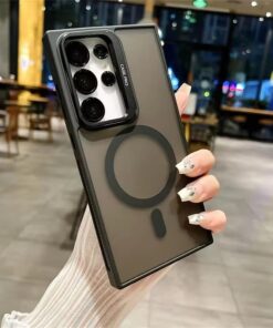 Galaxy S24 ULTRA Kılıf Krom Mika Kamera Lens Hediyeli Kapak Arkası Mat Mıknatıs Şarjlı Kılıf Metal Standlı Kamera Korumalı s24 ULTRA lens (s24 Ultra SİYAH kılıf)