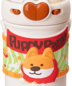 Diller 520ml Sevimli Hayvanlar Süslü Pipetli/Pipetsiz Boyun Askılı Paslanmaz Çelik Termos (Puppy Party)