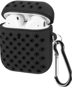 Airpods 1/2 Nesil Delikli Spor Premium Silikon Kılıf + Karabina Klipsli, Tam Koruma ve Stil Sunan Ergonomik Tasarım (Siyah-Siyah)