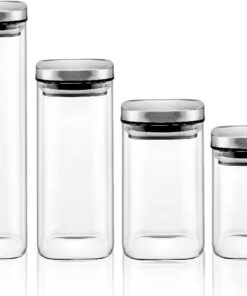 2'li Vakum Kapaklı Borosilikat Cam Saklama Kabı Seti – Mini Boy, Hava Geçirmez, Gıda Saklama İçin İdeal-Baharat,Kahve,Şeker-Mini Baharatlık (Metal Kare, 300 ML)