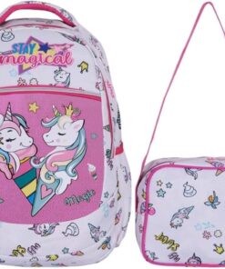 ilkokul Okul Sırt çantası Kız Beslenme çantalı Ortopedik 2li Set Okul çanta At Model Unicorn Pembe