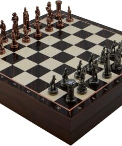 Orta Boy Metal İngiliz Satranç Takımı Antik ve Ceviz Desenli Sandıklı MDF Tahtası (36x36x6 cm.)