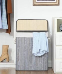 El Yapımı Hasır Katlanır Çamaşır Sepeti Dikdörtgen 60 Litre (40cm*30cm*61cm), Doğal Malzemeden Üretilmiş Çamaşırlık