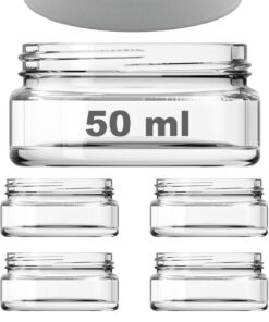 50 ml Şeffaf Krem Cam Kavanoz Plastik Beyaz Kapaklı 6 Adet (50 cc (Krem))